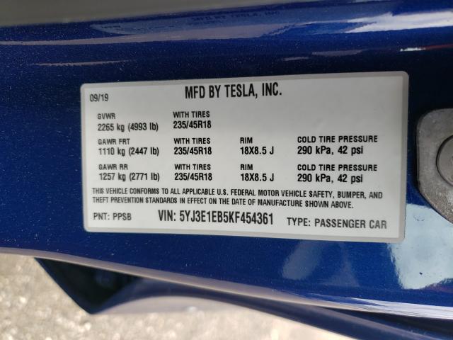 2019 TESLA MODEL 3 5YJ3E1EB5KF454361