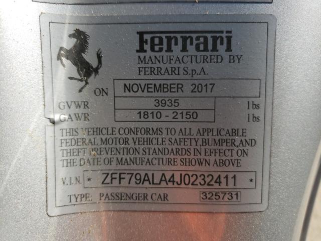 VIN ZFF79ALA4J0232411 2018 Ferrari 488 no.10