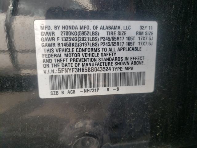 2011 HONDA PILOT EXL 5FNYF3H65BB043524