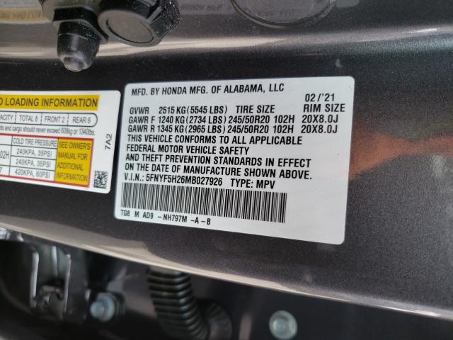 2021 HONDA PILOT SE 5FNYF5H26MB027926
