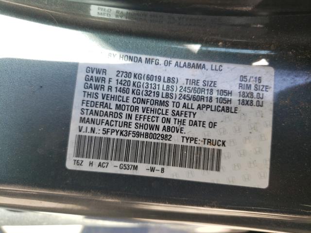 2017 HONDA RIDGELINE 5FPYK3F59HB002982