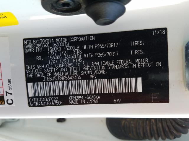 VIN 4T1BF1FK2GU164726 2019 TOYOTA 4RUNNER SR no.10