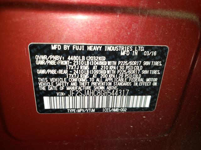 2016 SUBARU FORESTER JF2SJAHC8GH544317
