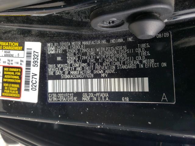 2010 TOYOTA SIENNA CE 5TDKK4CCXAS311028
