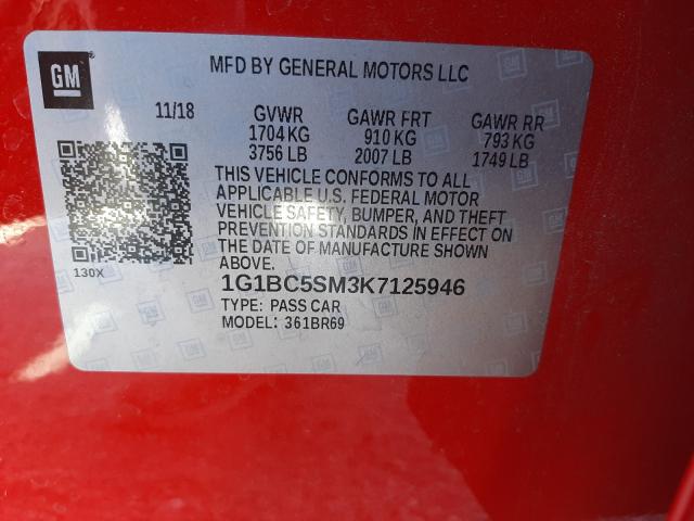 2019 CHEVROLET CRUZE LS 1G1BC5SM3K7125946