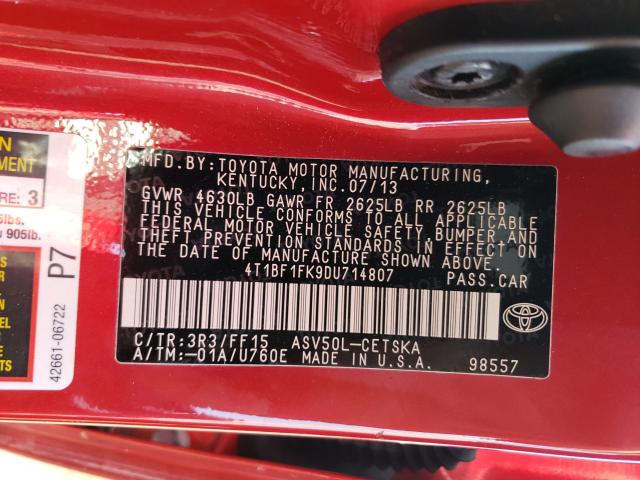 2013 TOYOTA CAMRY L 4T1BF1FK9DU714807