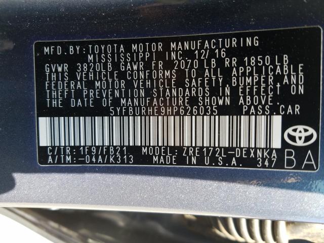 2017 TOYOTA COROLLA L 5YFBURHE9HP626035