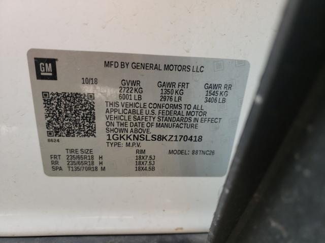 1GKKNSLS8KZ170418 GMC Acadia SLE 10