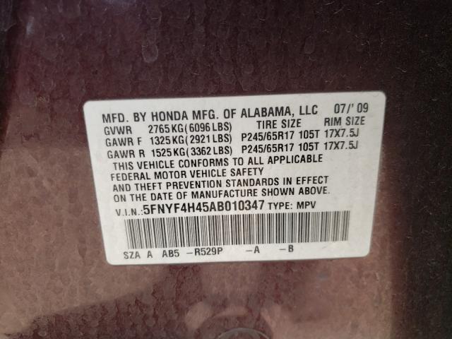 2010 HONDA PILOT EX 5FNYF4H45AB010347
