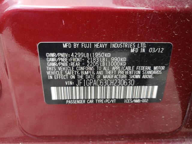 2012 SUBARU IMPREZA PR JF1GPAC63CH230630