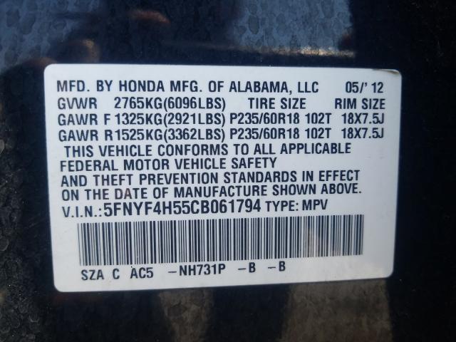 2012 HONDA PILOT EXL 5FNYF4H55CB061794