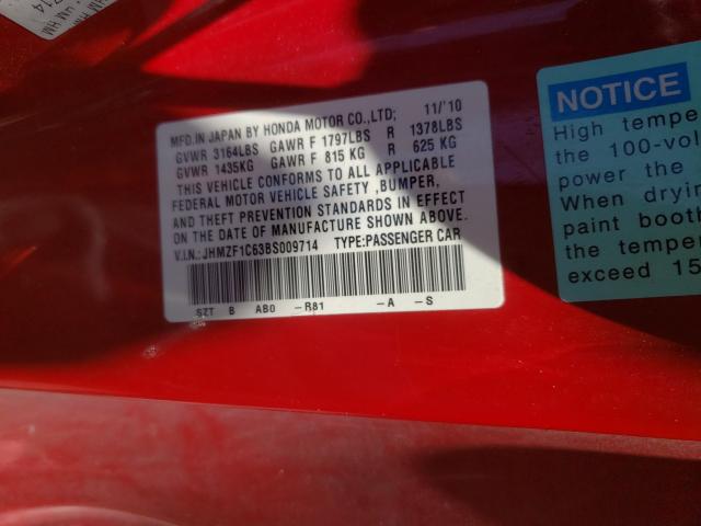 2011 HONDA CR-Z EX JHMZF1C63BS009714