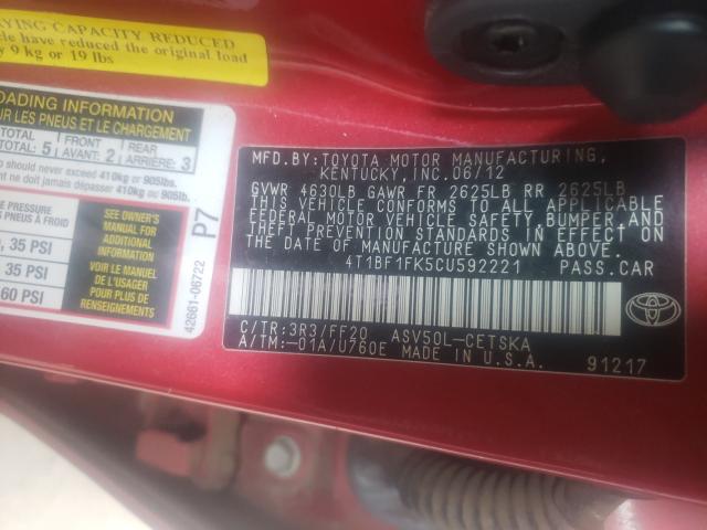 2012 TOYOTA CAMRY BASE 4T1BF1FK5CU592221
