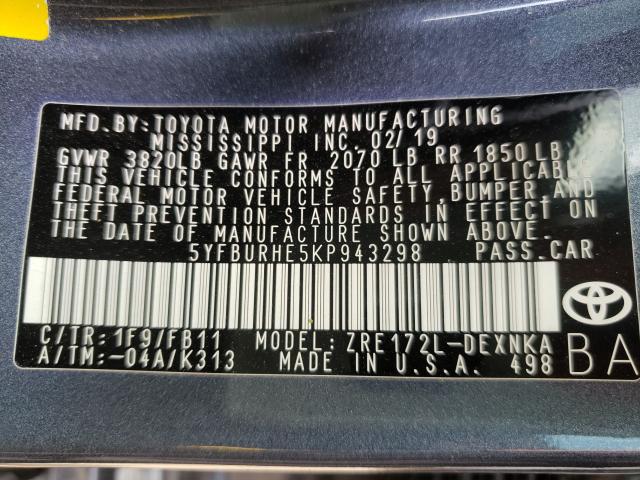 2019 TOYOTA COROLLA L 5YFBURHE5KP943298