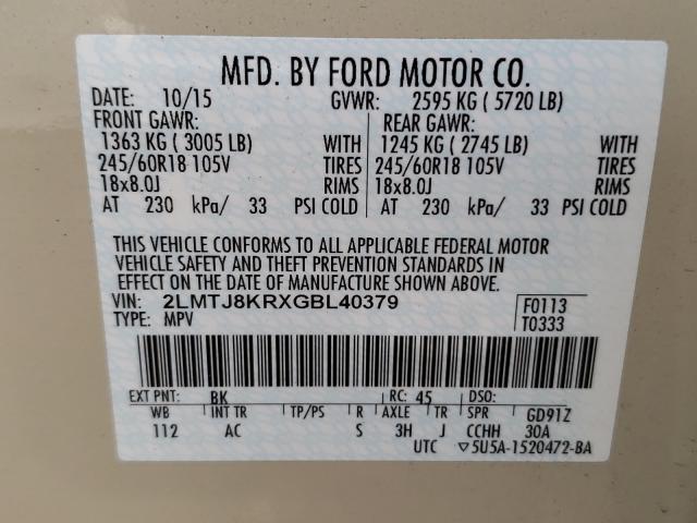 2016 LINCOLN MKX SELECT 2LMTJ8KRXGBL40379