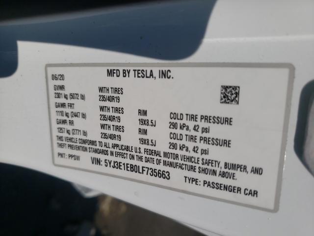 2020 TESLA MODEL 3 5YJ3E1EB0LF735663