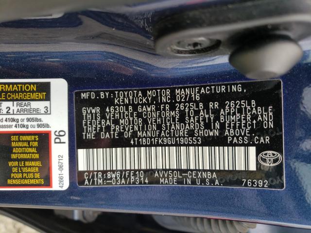 2016 TOYOTA CAMRY HYBR 4T1BD1FK9GU190553