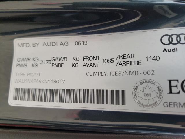 2019 AUDI A4 KOMFORT WAUANAF46KN018012