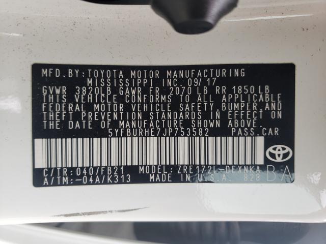 2018 TOYOTA COROLLA L 5YFBURHE7JP753582