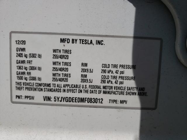 2021 TESLA MODEL Y 5YJYGDEE0MF083012