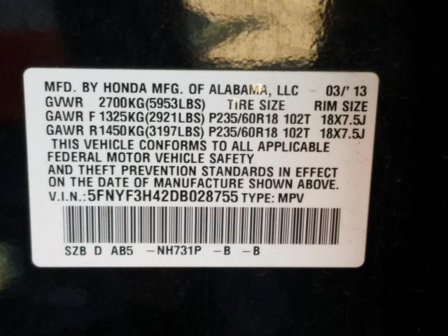 2013 HONDA PILOT EX 5FNYF3H42DB028755