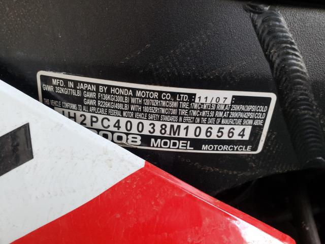 2008 HONDA CBR600 RR JH2PC40038M106564