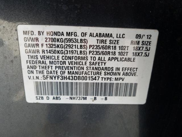 2013 HONDA PILOT EX 5FNYF3H43DB001547
