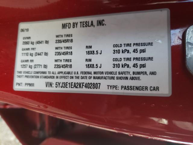 2019 TESLA MODEL 3 5YJ3E1EA2KF402807