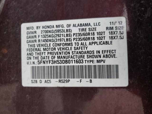 2013 HONDA PILOT EXL 5FNYF3H53DB011603