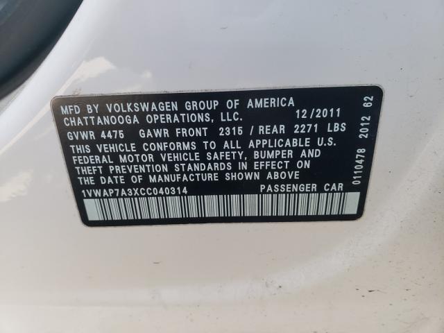 2012 VOLKSWAGEN PASSAT S 1VWAP7A3XCC040314