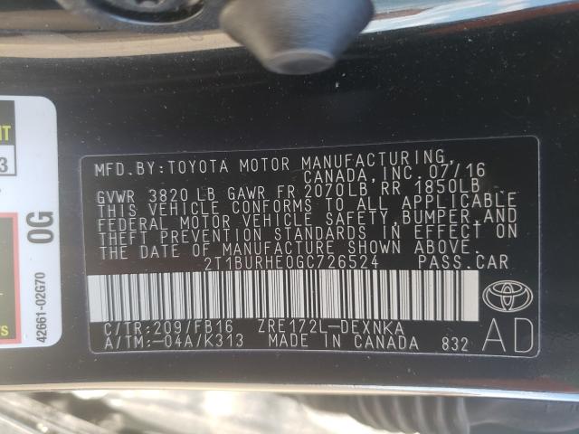 2016 TOYOTA COROLLA 2T1BURHE0GC726524