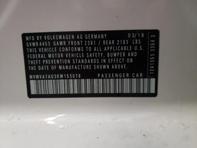 2019 VOLKSWAGEN GOLF R WVWVA7AU3KW153078