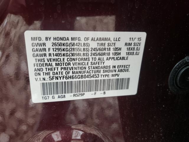 2016 HONDA PILOT EXL 5FNYF6H66GB045453