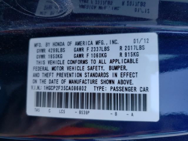 2012 HONDA ACCORD LX 1HGCP2F35CA086802