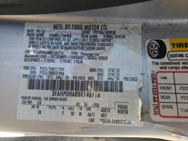 2011 FORD FUSION SE 3FAHP0HA8BR146716