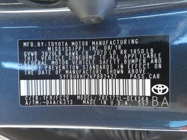 2019 TOYOTA COROLLA L 5YFBURHE2KP882427