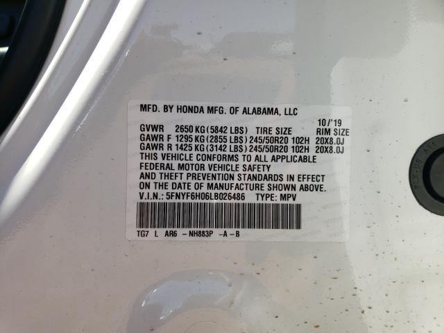 2020 HONDA PILOT ELIT 5FNYF6H06LB026486