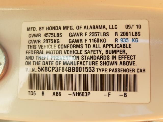 2011 HONDA ACCORD EXL 5KBCP3F84BB001553