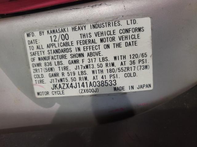 2001 KAWASAKI ZX600 J1 JKAZX4J141A038533