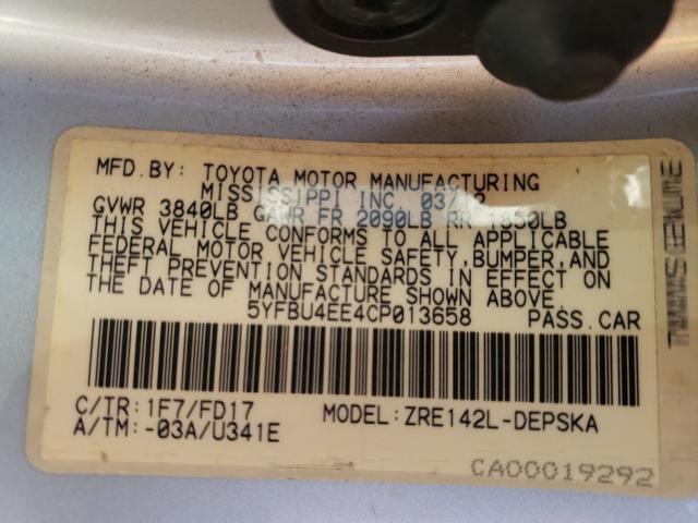 2012 TOYOTA COROLLA BA 5YFBU4EE4CP013658