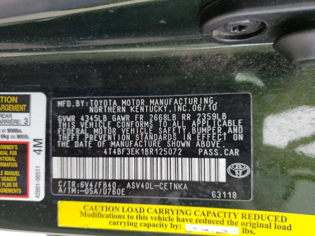 2011 TOYOTA CAMRY BASE 4T4BF3EK1BR125072