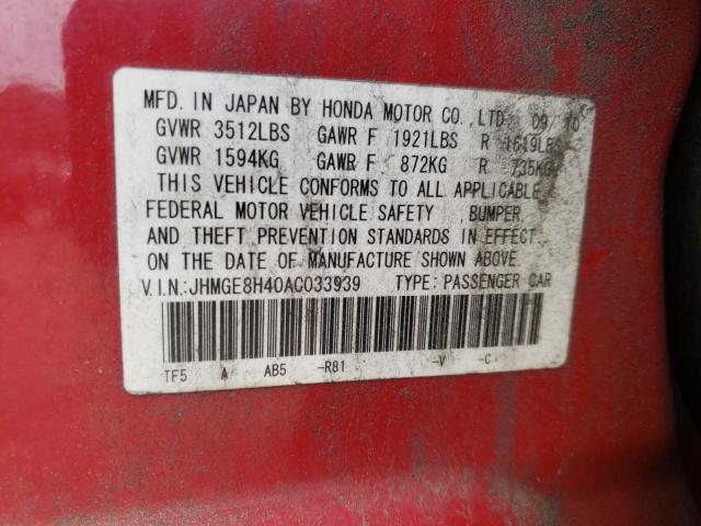 2010 HONDA FIT SPORT JHMGE8H40AC033939