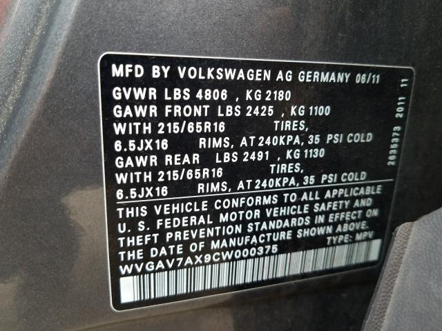 2012 VOLKSWAGEN TIGUAN S WVGAV7AX9CW000375