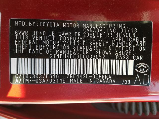 2013 TOYOTA COROLLA BA 2T1BU4EE0DC033052