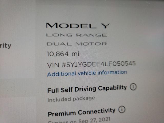 2020 TESLA MODEL Y 5YJYGDEE4LF050545