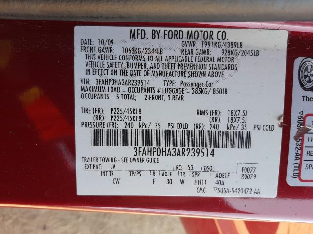 2010 FORD FUSION SE 3FAHP0HA3AR239514