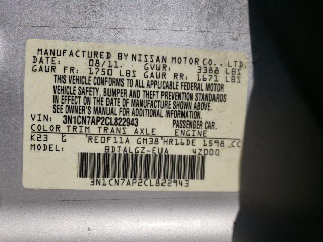 2012 NISSAN VERSA S 3N1CN7AP2CL822943