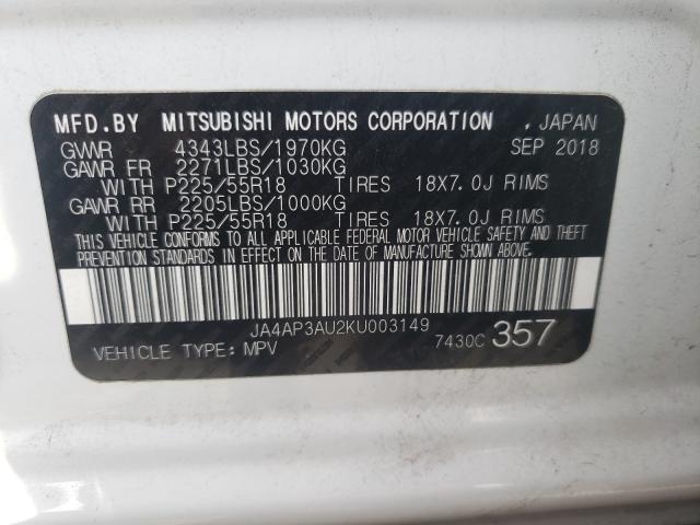 2019 MITSUBISHI OUTLANDER JA4AP3AU2KU003149