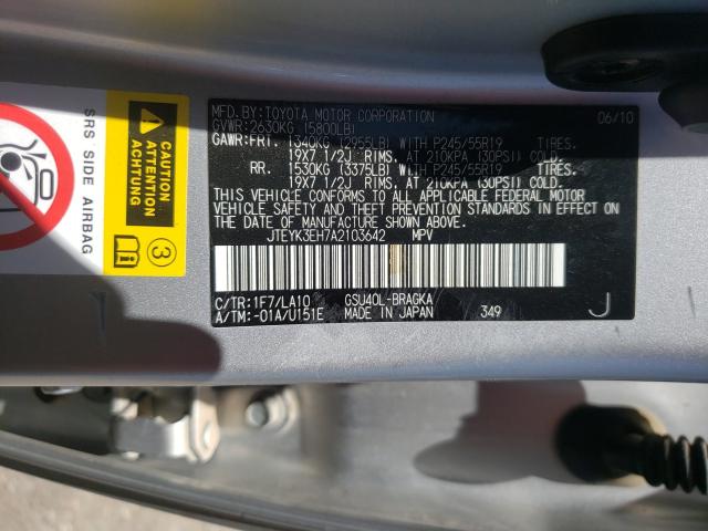 2010 TOYOTA HIGHLANDER JTEYK3EH7A2103642