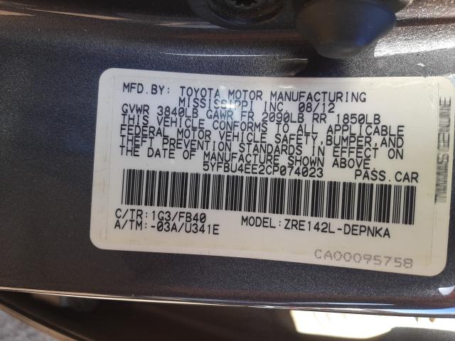 2012 TOYOTA COROLLA BA 5YFBU4EE2CP074023